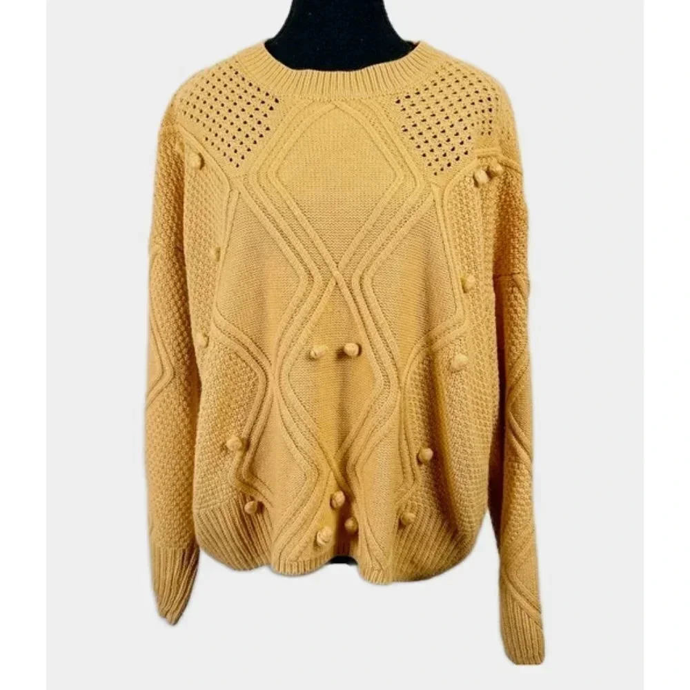 Jaase Cable Pompom Mustard Crew Neck Sweater